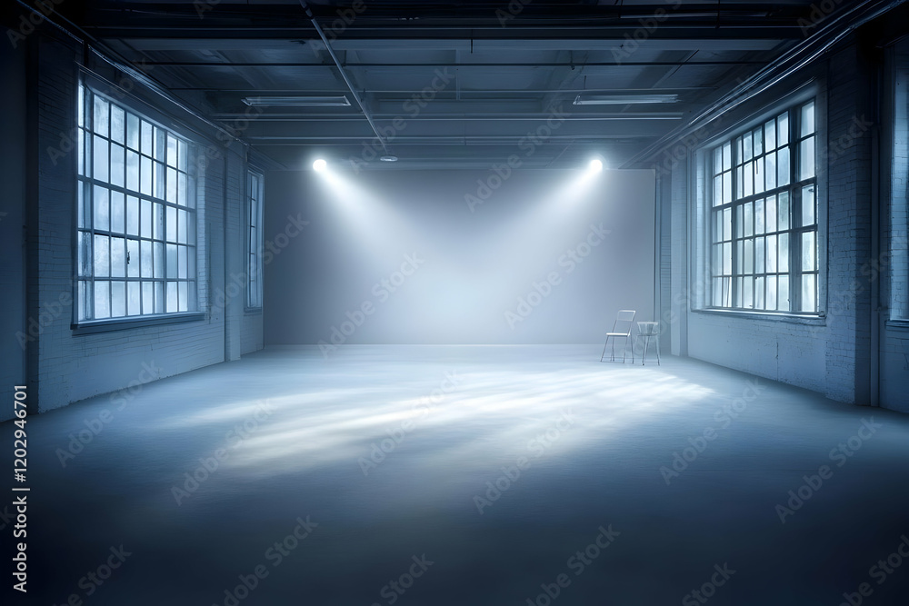 Empty Industrial Loft Space Illuminates with Two Spotlights Quietly in the Evening Empty Industrial Loft Space Illuminates with Two Spotlights Quietly in the Evening