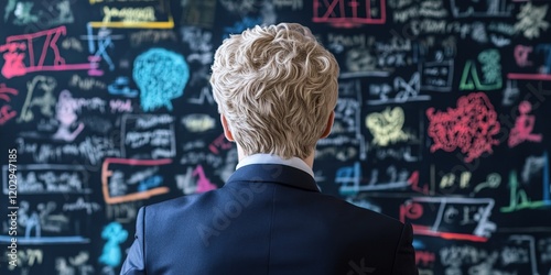 mathematician standing in front of algorithmic equations on board