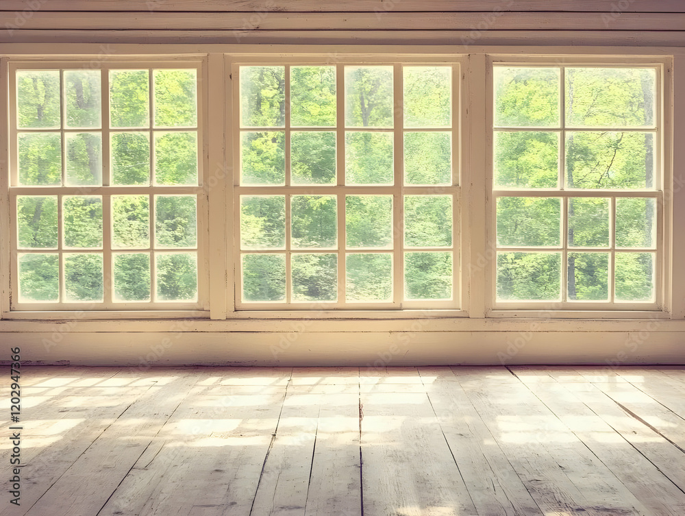 Sunlight streams through multi-paned windows onto a rustic wooden floor inside a room beautifully. Sunlight streams through multi-paned windows onto a rustic wooden floor inside a room beautifully.