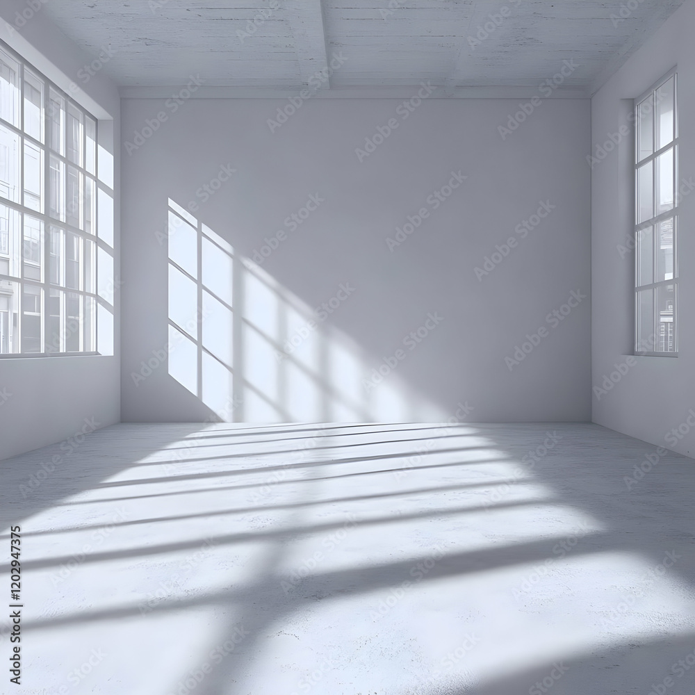Fototapeta premium Empty white room with large windows and sunlight streaming in beautifully, modern interior design.
