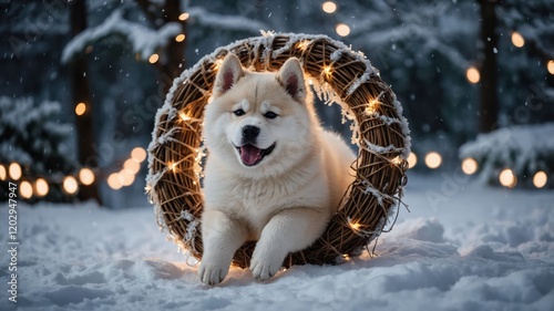 A fluffy dog sitting in a snowy landscape with festive lights and a wreath. photo