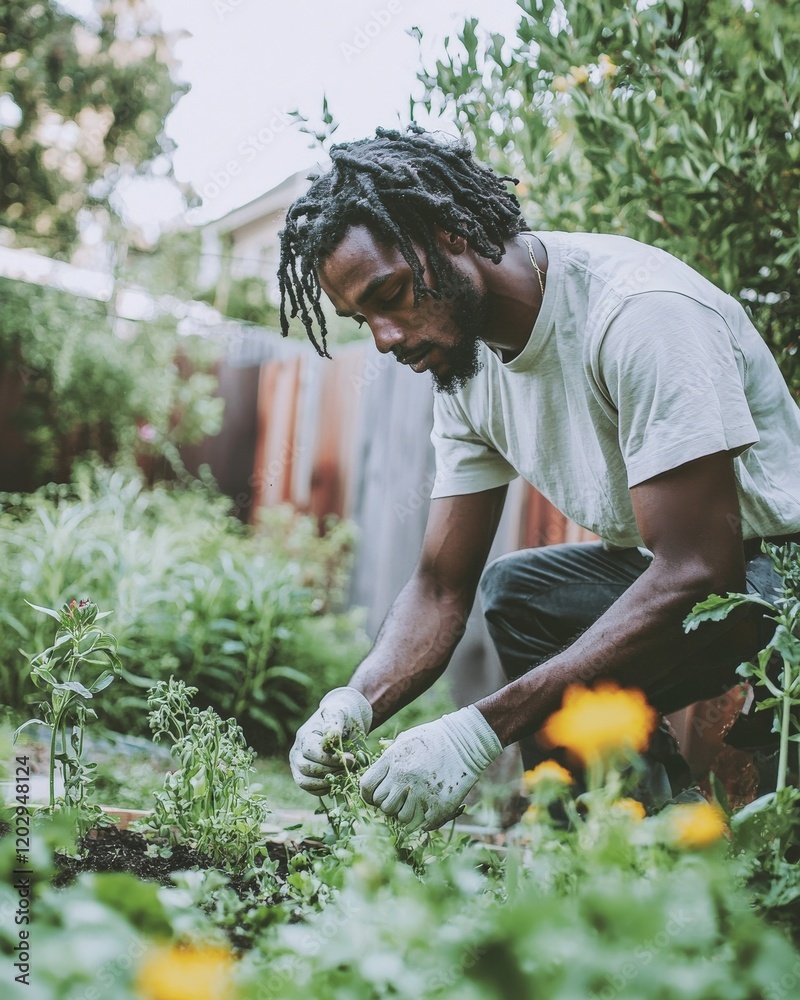 Fototapeta premium A man gardening in his backyard, planting flowers with precision and care,