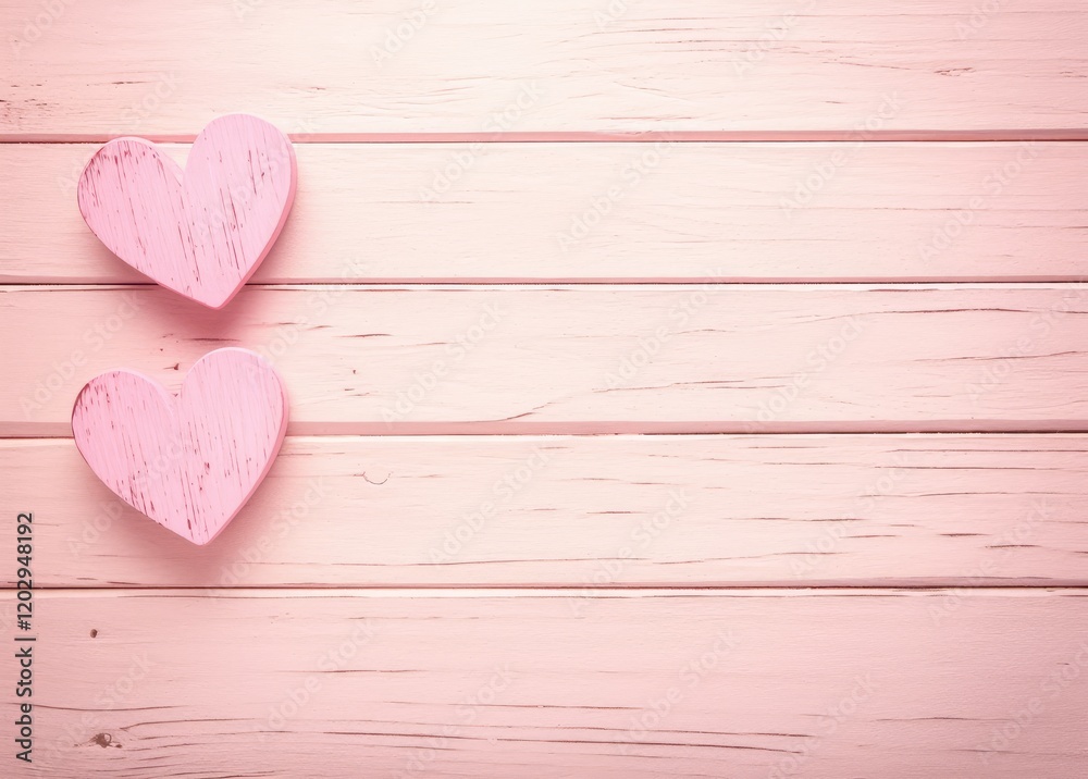 Fototapeta premium Two pink wooden hearts on a pastel pink wooden surface with natural textures, creating a soft and romantic atmosphere. Perfect for Valentine's Day, romantic events, and heartfelt design themes