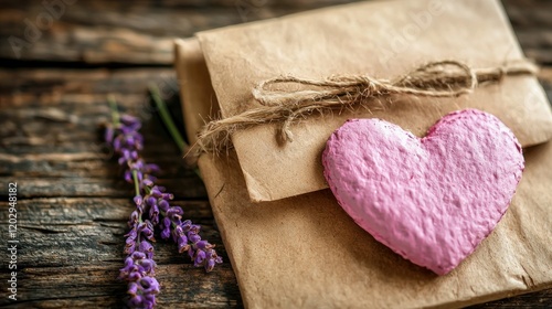 Pink heart on tied papers with flowers, on a wood table. Gift for love