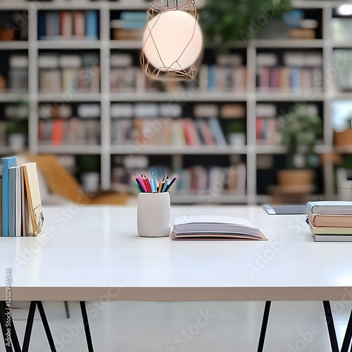 White desk with books, colo...