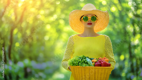 Woman in Yellow Holds Baske...