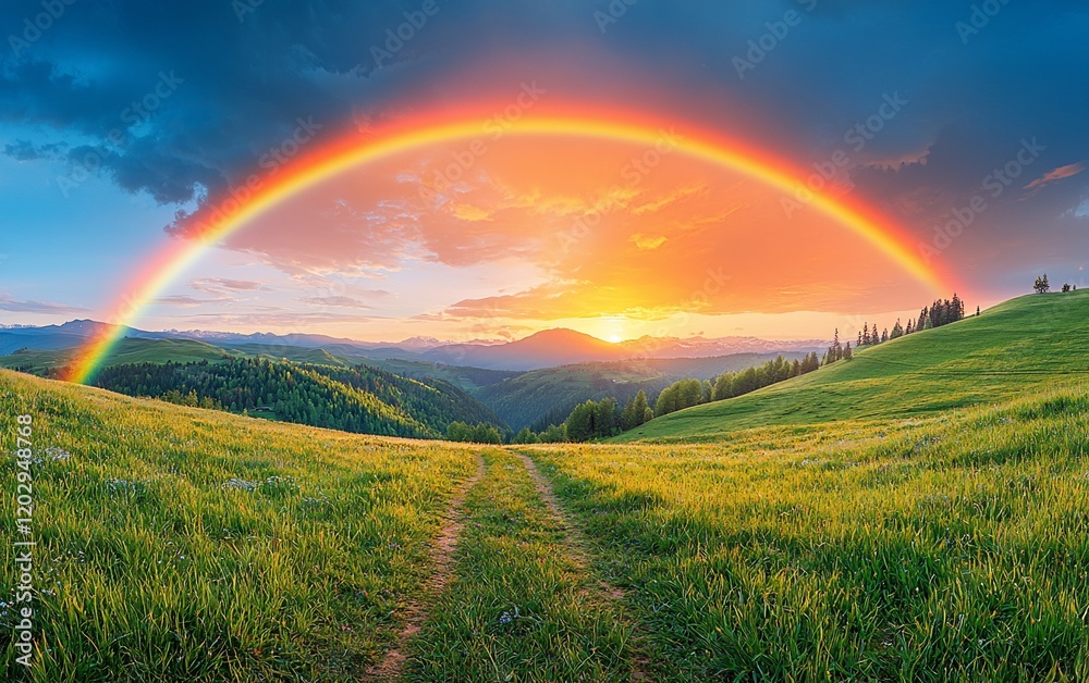 Obraz premium Majestic sunset rainbow over lush green mountain meadow.