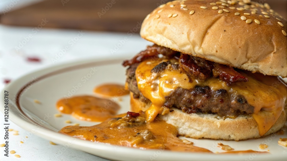 Close-up of a cheeseburger with a saucy mess all over the plate highlighting the juicy patty and melted cheese, food closeup, melted cheese, messy meal, juicy patty, tasty burger Close-up of a cheeseburger with a saucy mess all over the plate highlighting the juicy patty and melted cheese, food closeup, melted cheese, messy meal, juicy patty, tasty burger