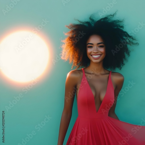Stylish Woman in Red Dress ...
