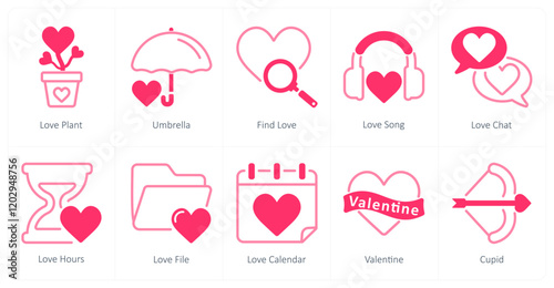 A set of 10 Valentine's Day icons as love plant, umbrella, find love 