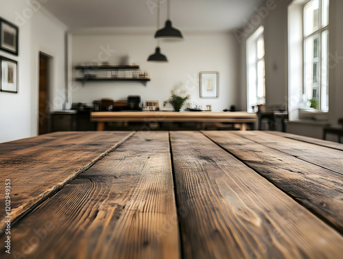 Empty Wooden Table Top with...