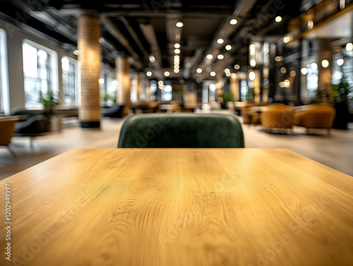 Empty Wooden Table with Blu...