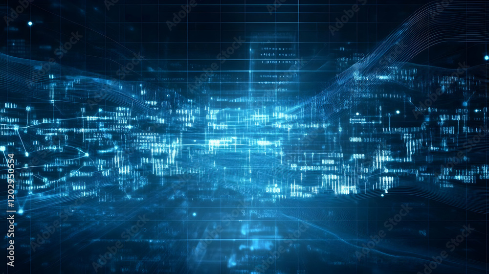 Abstract Data Stream Flows Across a Grid Background with Digital Information Displayed Beautifully. Abstract Data Stream Flows Across a Grid Background with Digital Information Displayed Beautifully.