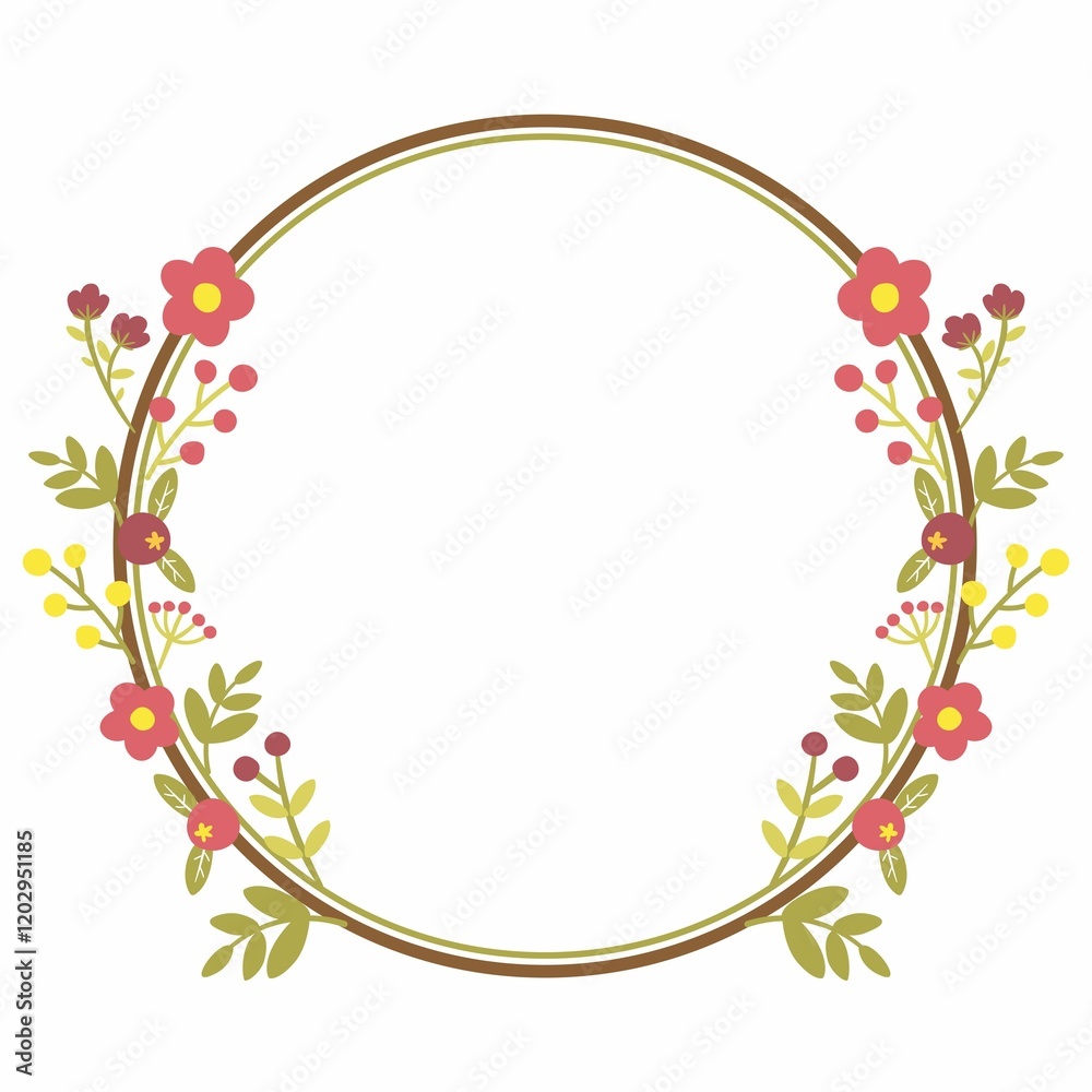 Fototapeta premium Wreath with abstract delicate pink flowers and green plants