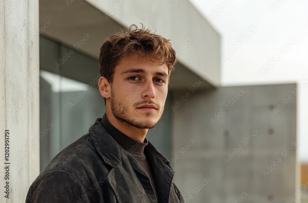 Stylish Young Man Posing Outdoors in Urban Setting with Modern Architecture Background and Natural Light Highlighting His Facial Features and Fashion Choice Stylish Young Man Posing Outdoors in Urban Setting with Modern Architecture Background and Natural Light Highlighting His Facial Features and Fashion Choice