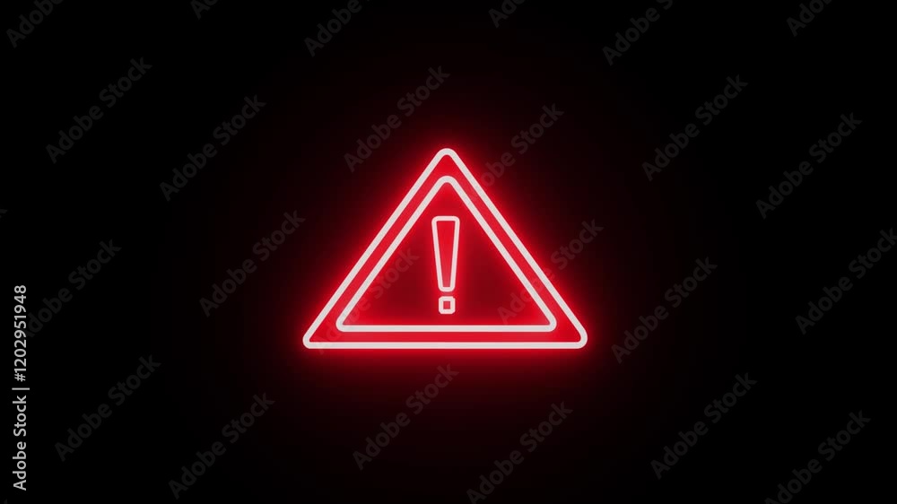 Glowing red neon blinking warning triangle sign animation. Warning or error message alert symbol on black background. Glowing red neon blinking warning triangle sign animation. Warning or error message alert symbol on black background.