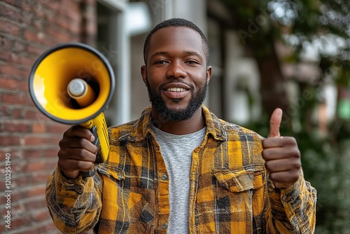 A smiling man holds a megaphone and gives a thumbs-up, conveying positivity and encouragement. photo