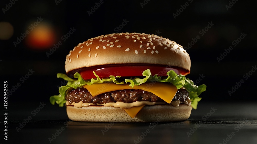 Juicy cheeseburger with sesame bun, lettuce, tomato, melted cheese, and sauce on dark background. Juicy cheeseburger with sesame bun, lettuce, tomato, melted cheese, and sauce on dark background.