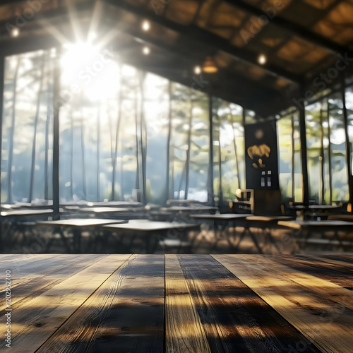 Empty Wooden Table Top with...