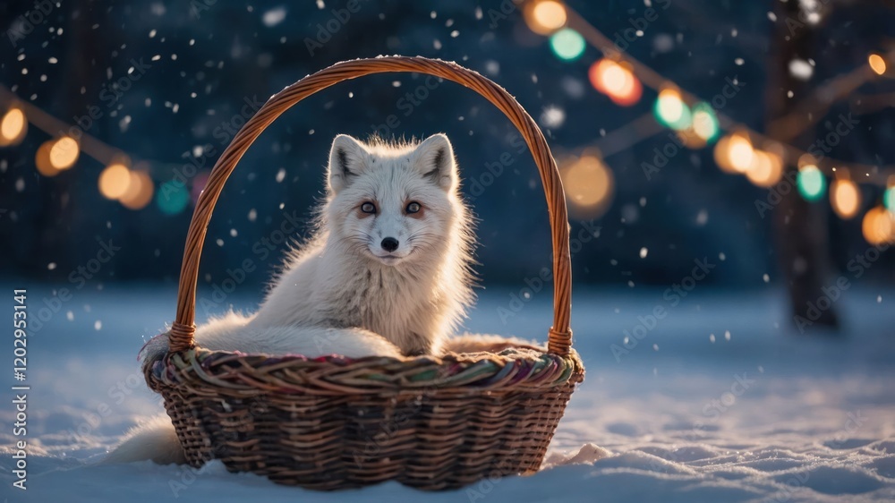 Obraz premium A serene white fox resting in a basket amidst falling snow and colorful lights.