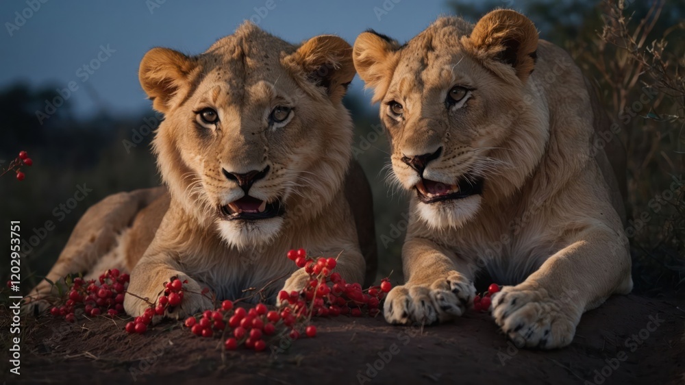 Obraz premium Two lions resting together among red berries in a natural setting.