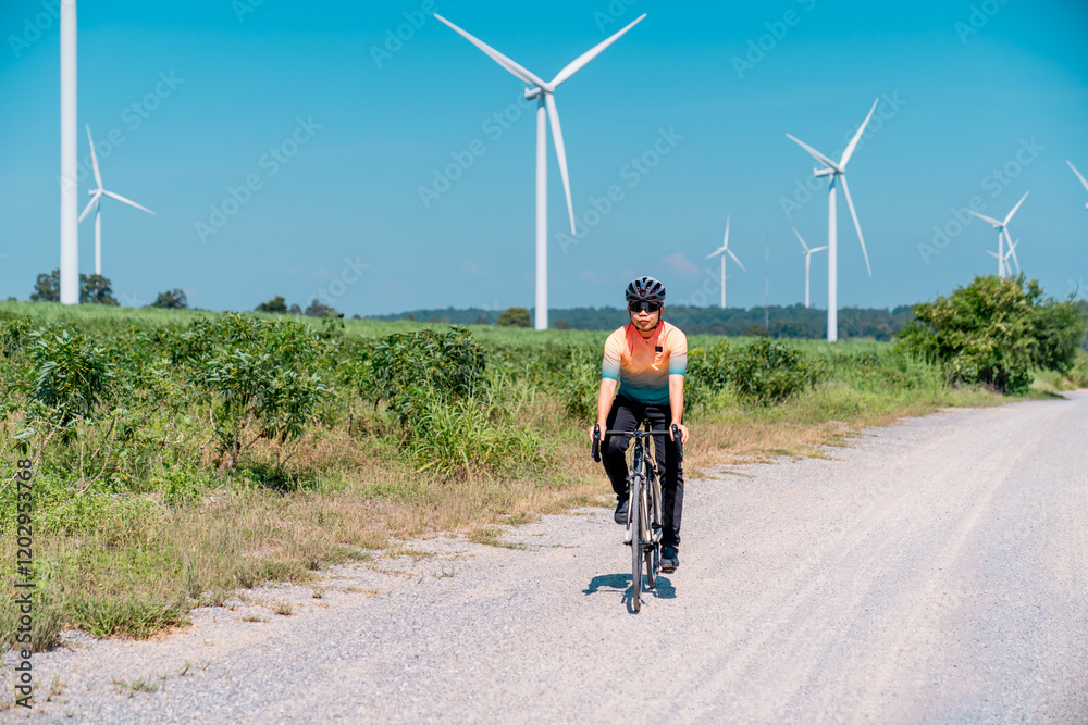 Obraz premium Cyclist enjoying a sunny day on a gravel path surrounded by wind turbines in a rural landscape
