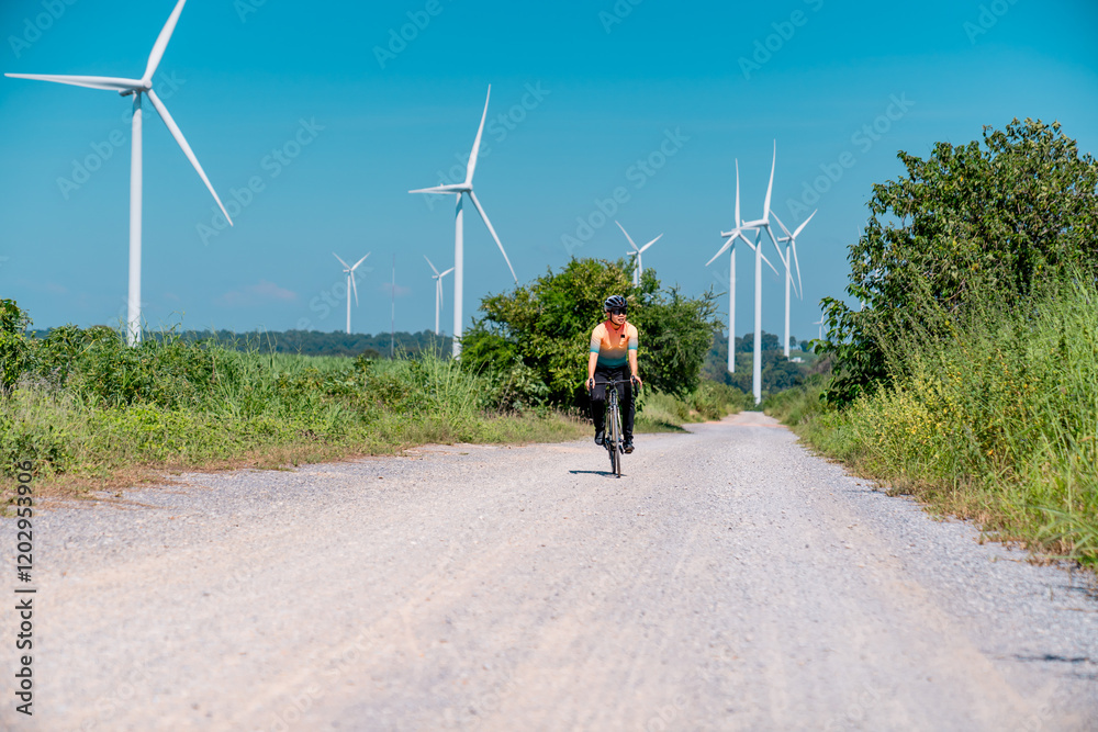 Obraz premium Cyclist rides along a gravel road lined with wind turbines in bright sunlight