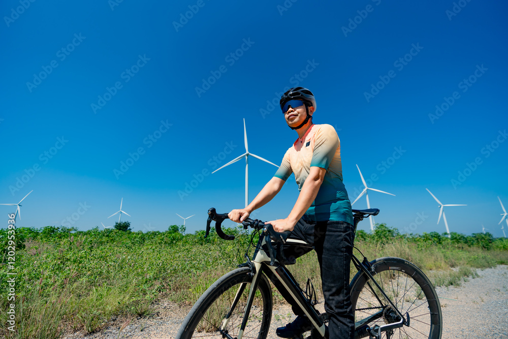 Cyclist enjoying a sunny day near wind turbines in a rural landscape Cyclist enjoying a sunny day near wind turbines in a rural landscape