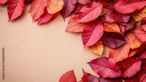 A serene fall-inspired wallpaper with a blend of crimson, amber, and olive leaves resting on a slate surface in muted taupe and sandy beige tones photo