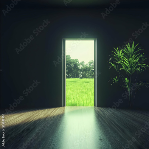 Open Door Reveals Lush Gree...