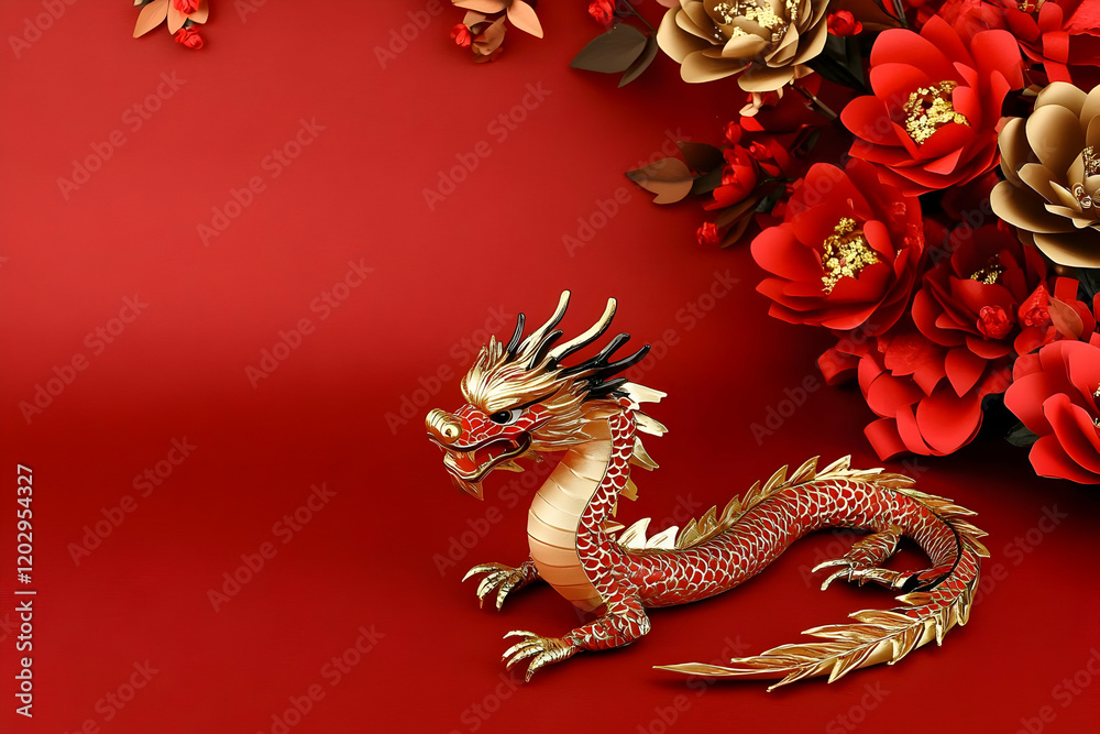 Fototapeta premium Red and Gold Dragon Figurine Sits Gracefully on Red Background with Paper Flowers Elegantly Displayed
