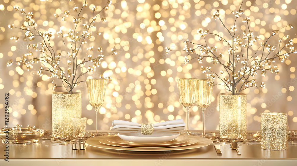 Elegant Gold Table Setting Creates a Festive Ambiance with Sparkling Decor and Warm Lighting Elegant Gold Table Setting Creates a Festive Ambiance with Sparkling Decor and Warm Lighting