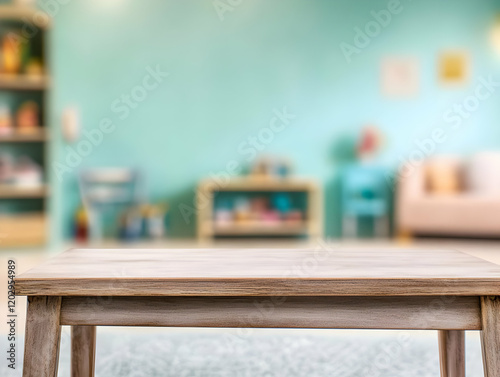 Empty wooden table in a blu...