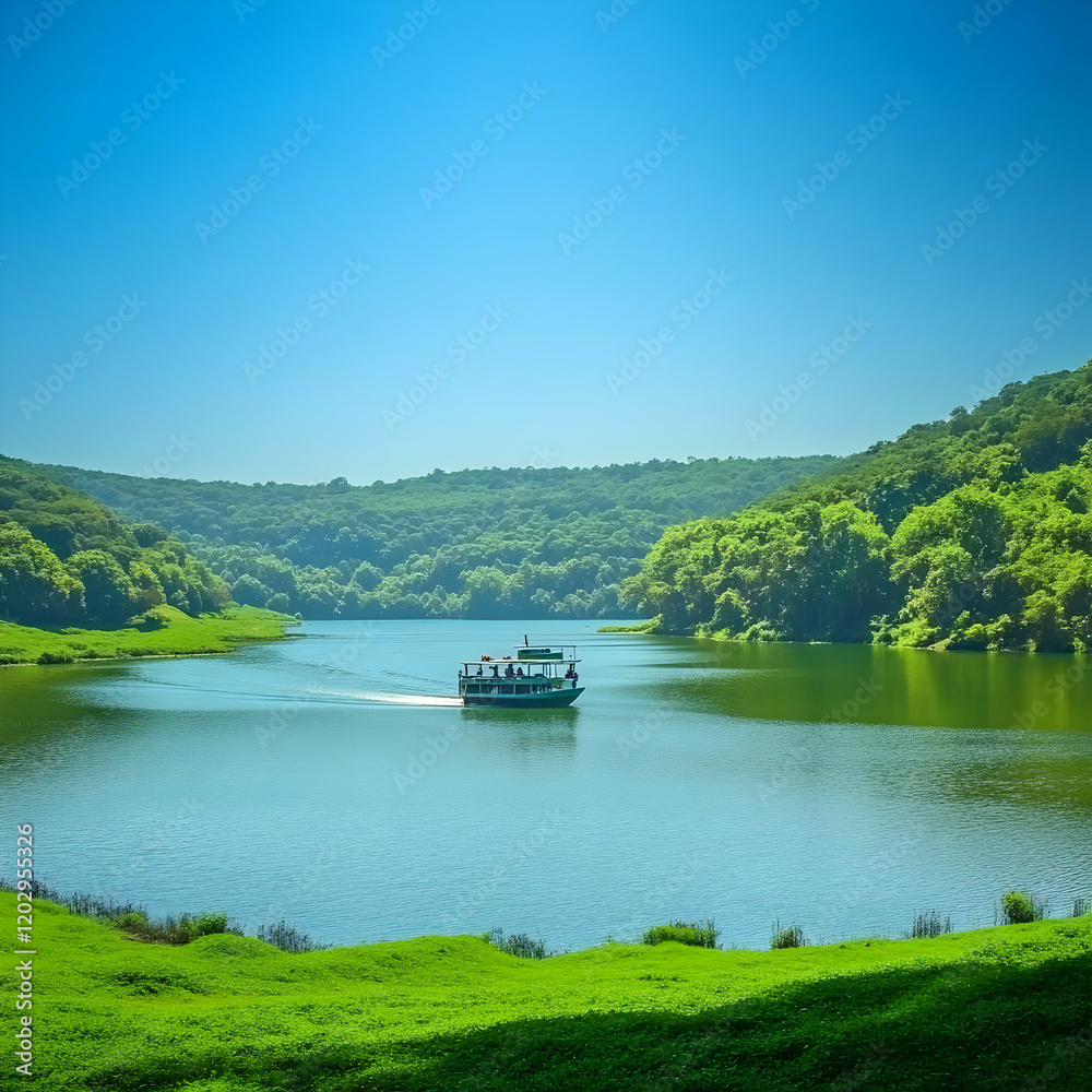 Tour Boat Cruises on Serene River through Lush Green Landscape under a Clear Blue Sky Tour Boat Cruises on Serene River through Lush Green Landscape under a Clear Blue Sky