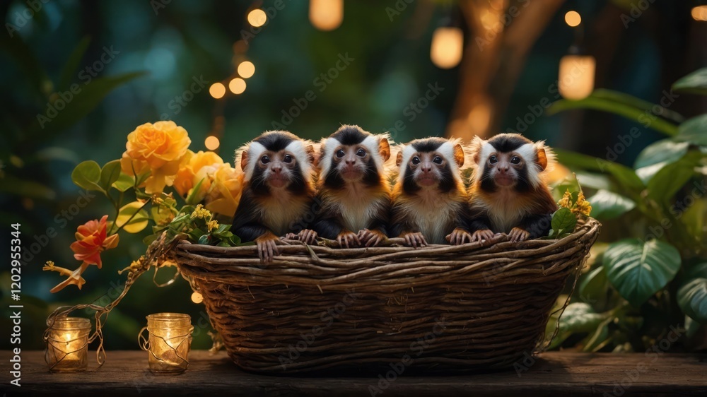 A charming scene featuring four marmosets in a basket surrounded by flowers and soft lighting. A charming scene featuring four marmosets in a basket surrounded by flowers and soft lighting.