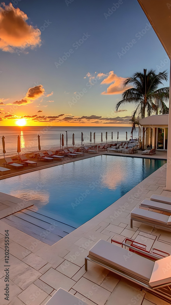 Fototapeta premium Luxury beach resort reflects golden sunset over tranquil pool, inviting relaxation and tranquility.