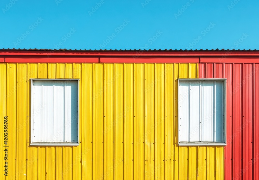 Vibrant Colorful Facade of a Building featuring Yellow and Red Panels with White Windows under Clear Blue Sky Creating a Playful Urban Atmosphere Vibrant Colorful Facade of a Building featuring Yellow and Red Panels with White Windows under Clear Blue Sky Creating a Playful Urban Atmosphere
