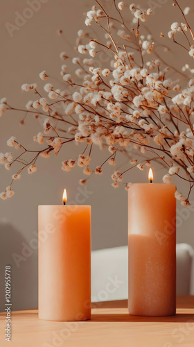 Two Lit Peach Candles Sit o...