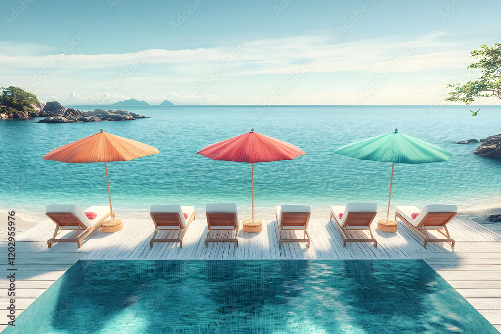 Fototapeta premium Seaside Infinity Pool with Lounge Chairs and Umbrellas Overlooks Tranquil Ocean Views