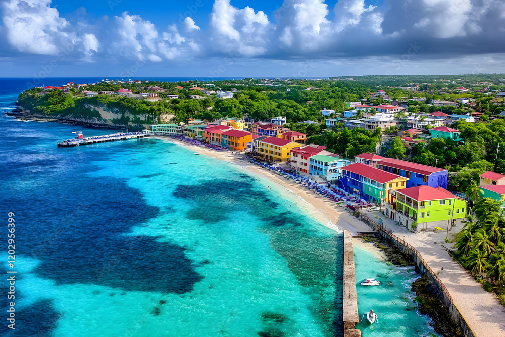 Fototapeta premium Colorful Coastal Town Embraces Turquoise Waters on a Sunny Day with Fluffy Clouds