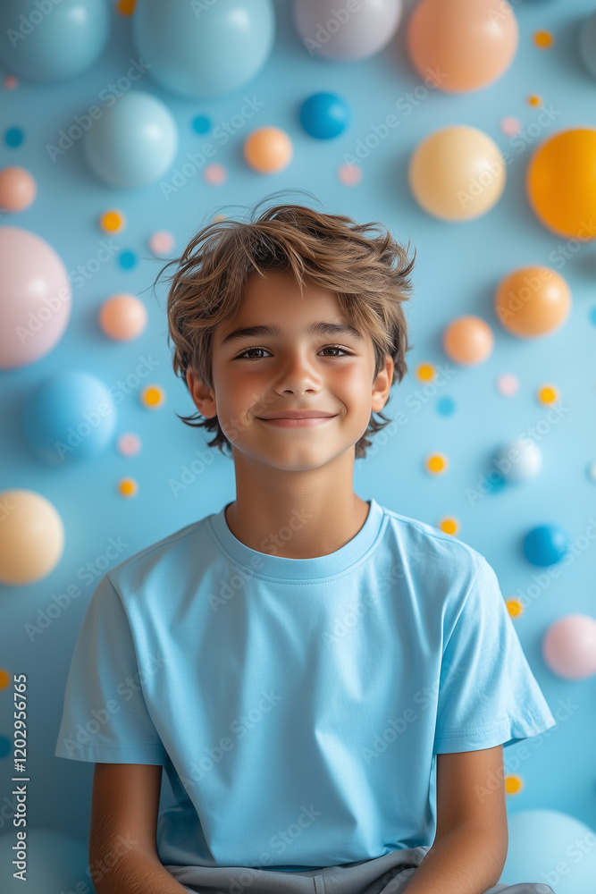 Cheerful Young Man in Sky Blue T-Shirt and Grey Shorts with Playful Patterns Cheerful Young Man in Sky Blue T-Shirt and Grey Shorts with Playful Patterns