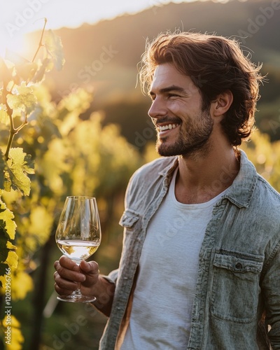 A man holding a wine glass while admiring the vineyard, relaxed smile, golden hour lighting, blurred vineyard background, photo