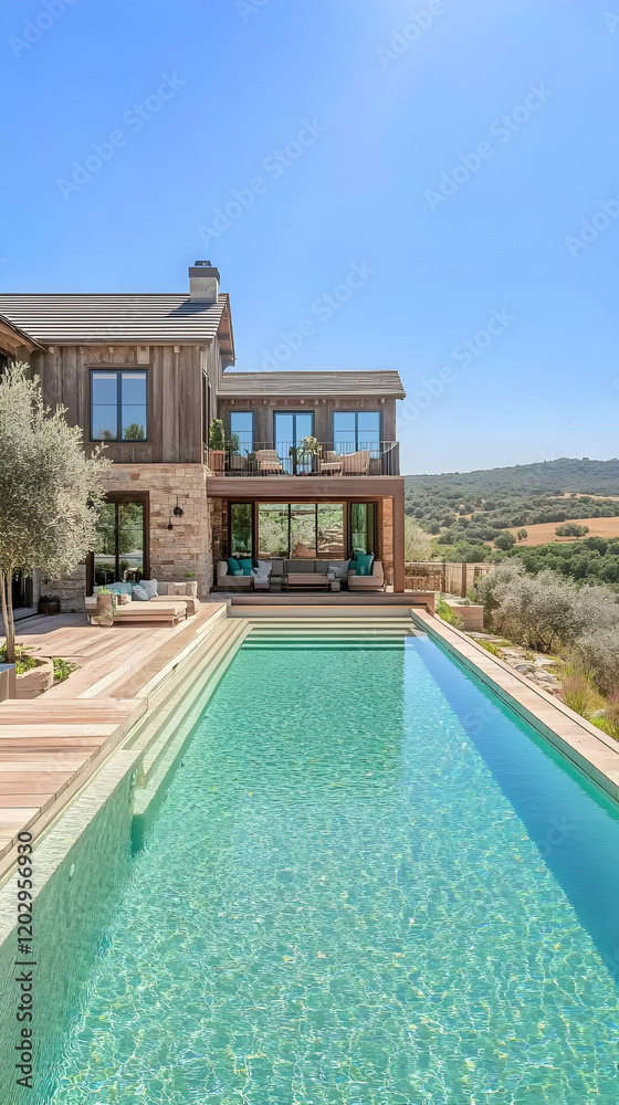Fototapeta premium Luxury Farmhouse with Inviting Pool Overlooks Serene Countryside Views on Sunny Day.