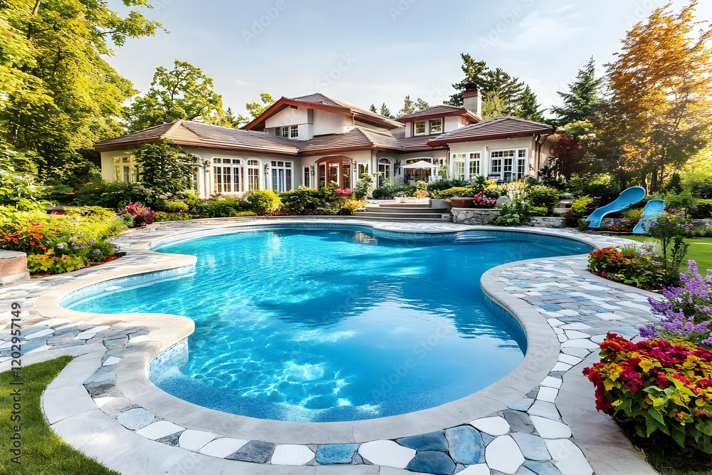 Fototapeta premium Luxury Home with Inviting Pool and Lush Landscape Enhances Curb Appeal Beautifully.