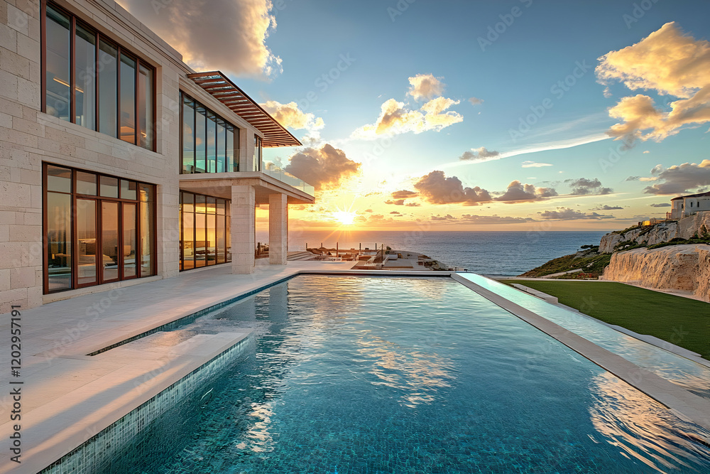 Fototapeta premium Luxury villa with infinity pool overlooks a scenic ocean view at sunset with dramatic clouds.