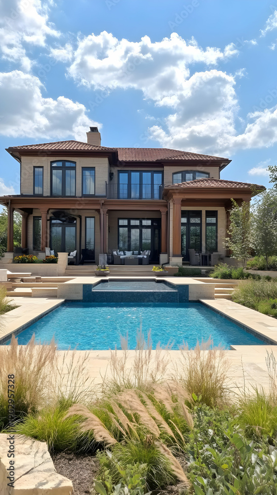 Fototapeta premium Luxury Home with Pool and Landscaped Backyard Shows Off Modern Design on a Sunny Day