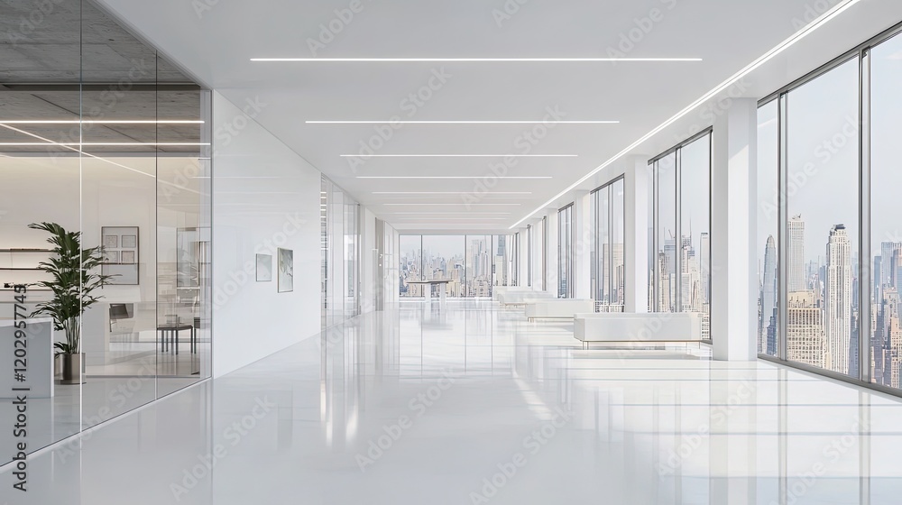 Modern open space white office with city view Modern open space white office with city view