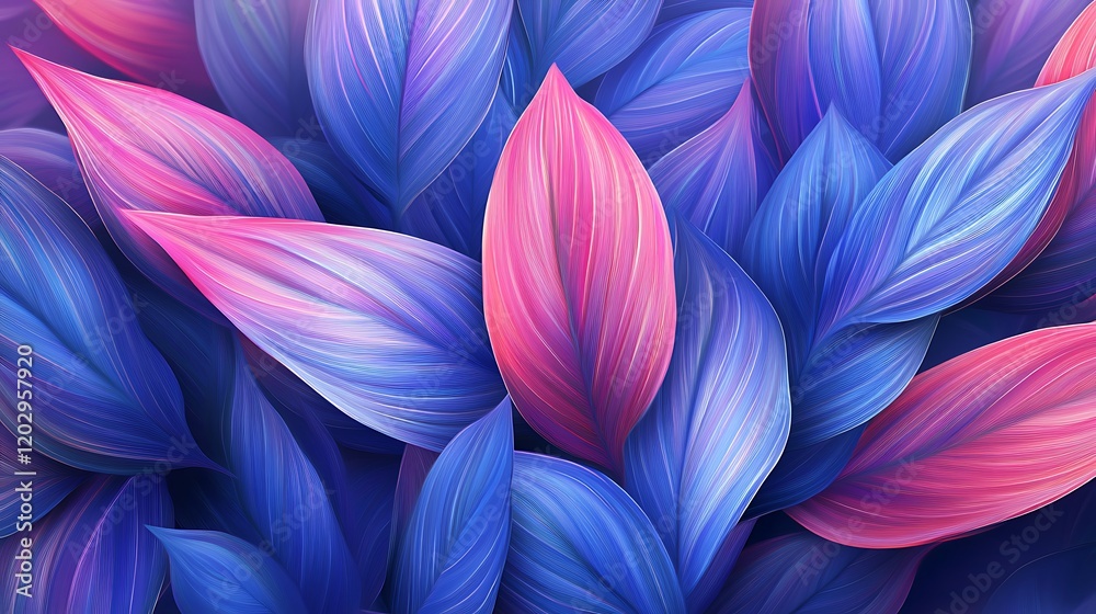 4D A seamless pattern of vibrant blue and pink leaves, creating an abstract tropical design on purple background, 4D A seamless pattern of vibrant blue and pink leaves, creating an abstract tropical design on purple background,