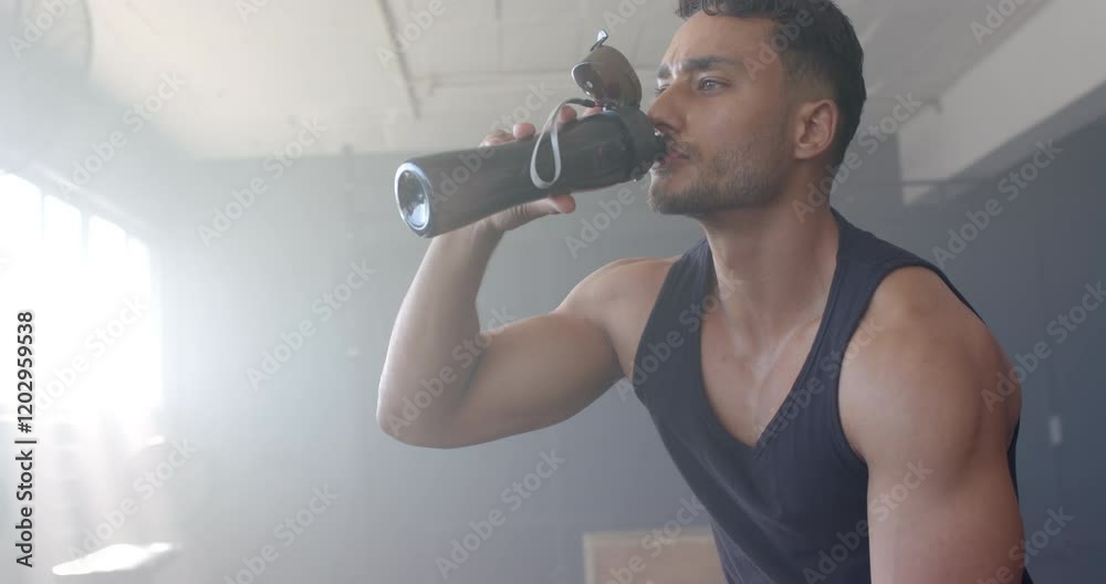 Strong and fit biracial man in gym drinking from black water bottle Strong and fit biracial man in gym drinking from black water bottle