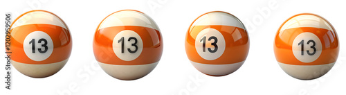 A set of sleek Orange with white stripe billiard ball featuring the number 13 prominently displayed